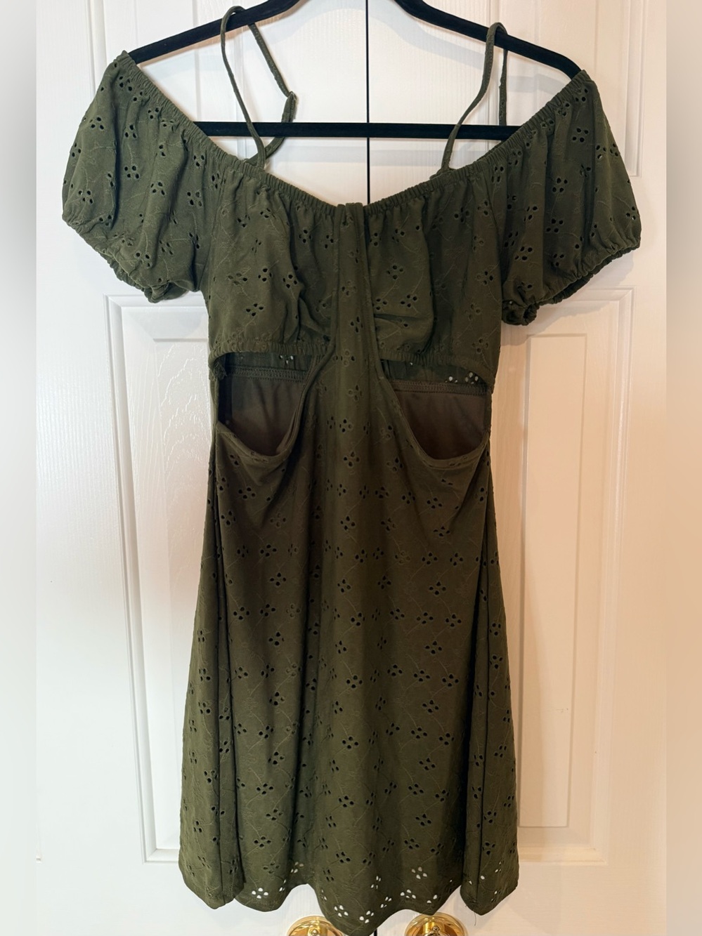 Heart & Heels Olive Green Off Cold Shoulder Eyelet A-Line Mini Dress